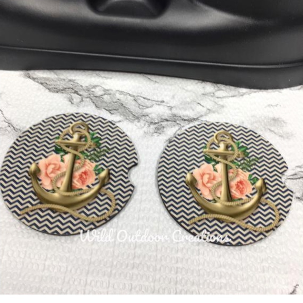 Blue Chevron Floral Nautical Car Coaster Set of 2